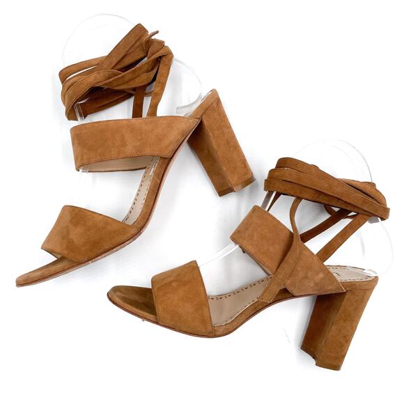 Manolo‎ Blahnik Khandala Suede Sandals Brown Ankle-Wrap Block Heel Sz 36.5 / 6.5 - Picture 7 of 9